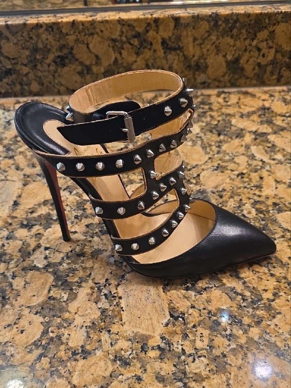 Christian Louboutin Black Leather Studded Strappy Pointed-Toe Pumps - Picture 3 of 15